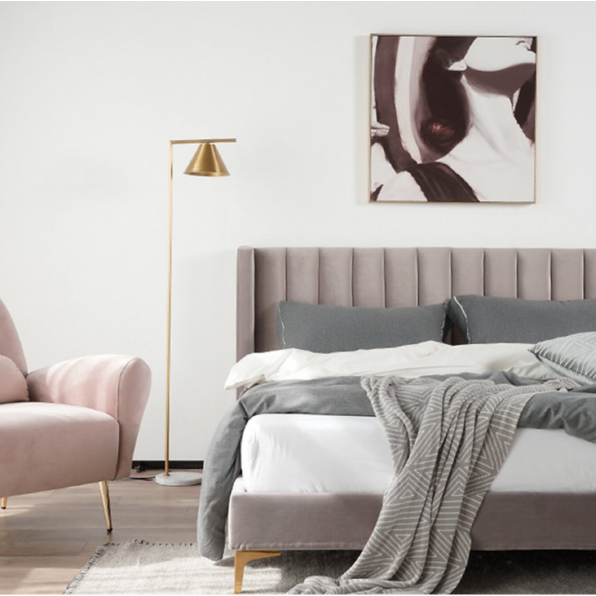 Fuurn BD9007 Velvet Beauty 大號雙人布藝床架 (淺灰色)